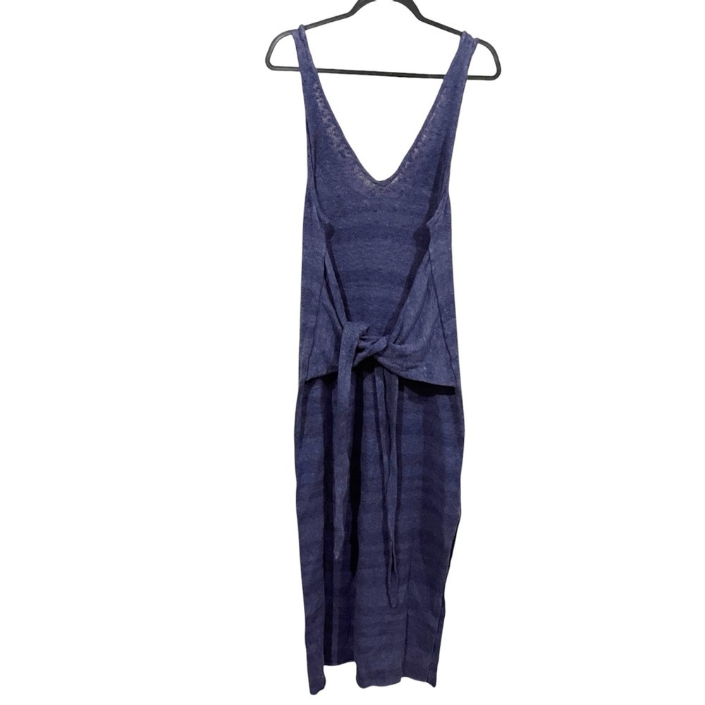 Free People Beach Hamptons Stretch Knit Midi Dress M Blue Tie Waist Linen Cotton - Picture 3 of 6